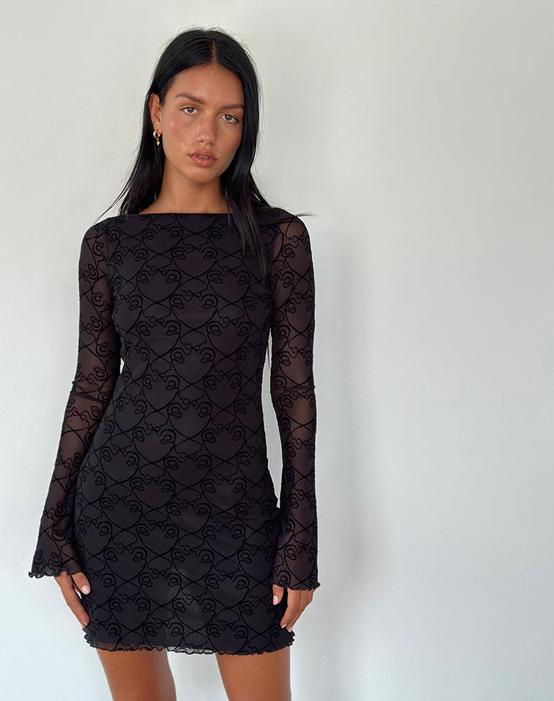 Black Queen of Heart Flock Long Sleeve Mini Dress | Sevila