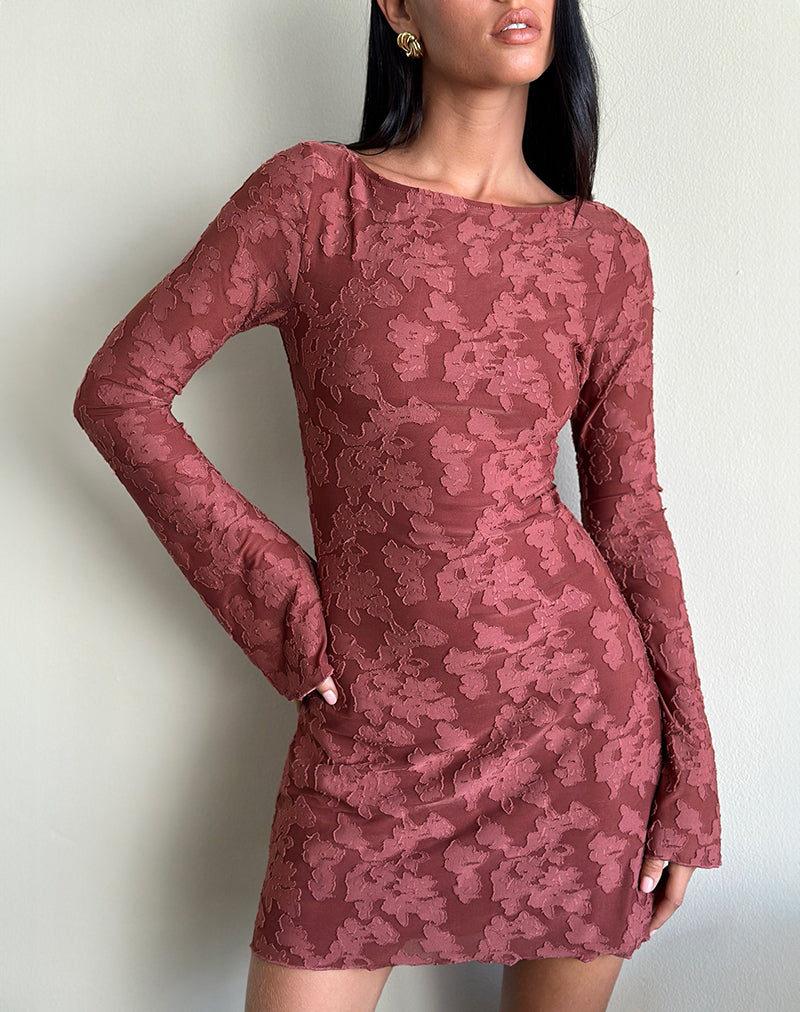 burn out mesh dress Sevila Dress in Maroon Burnout Mesh