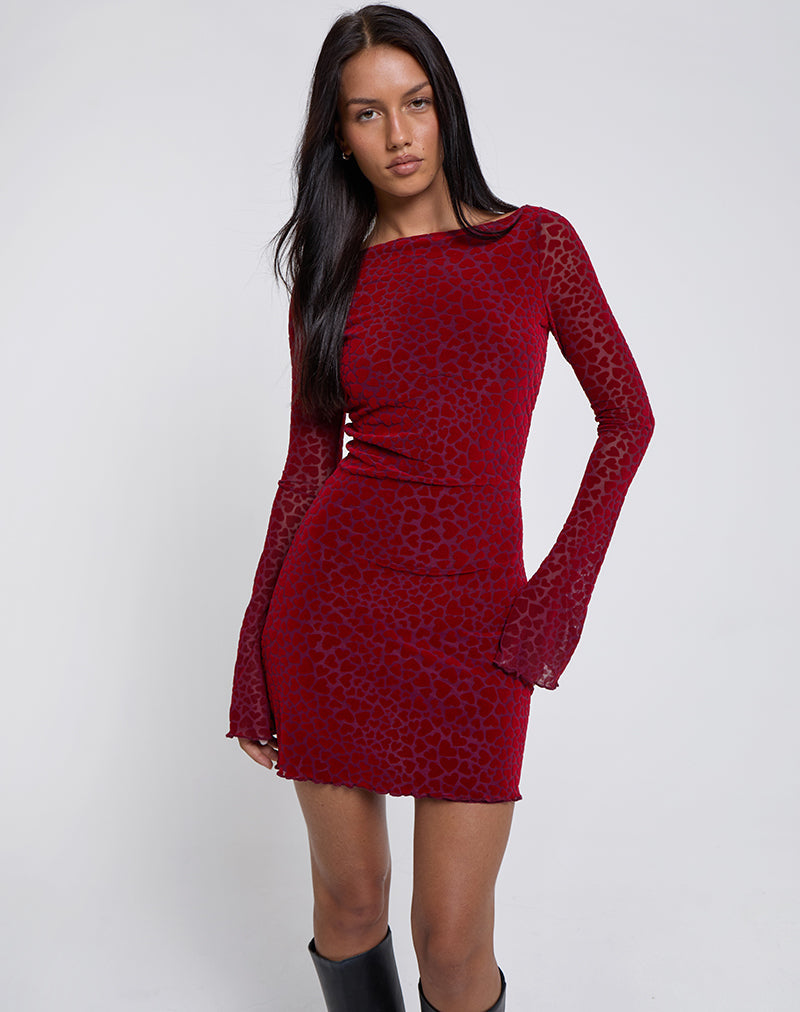 Red Heart Flock Printed Long Sleeve Mini Dress