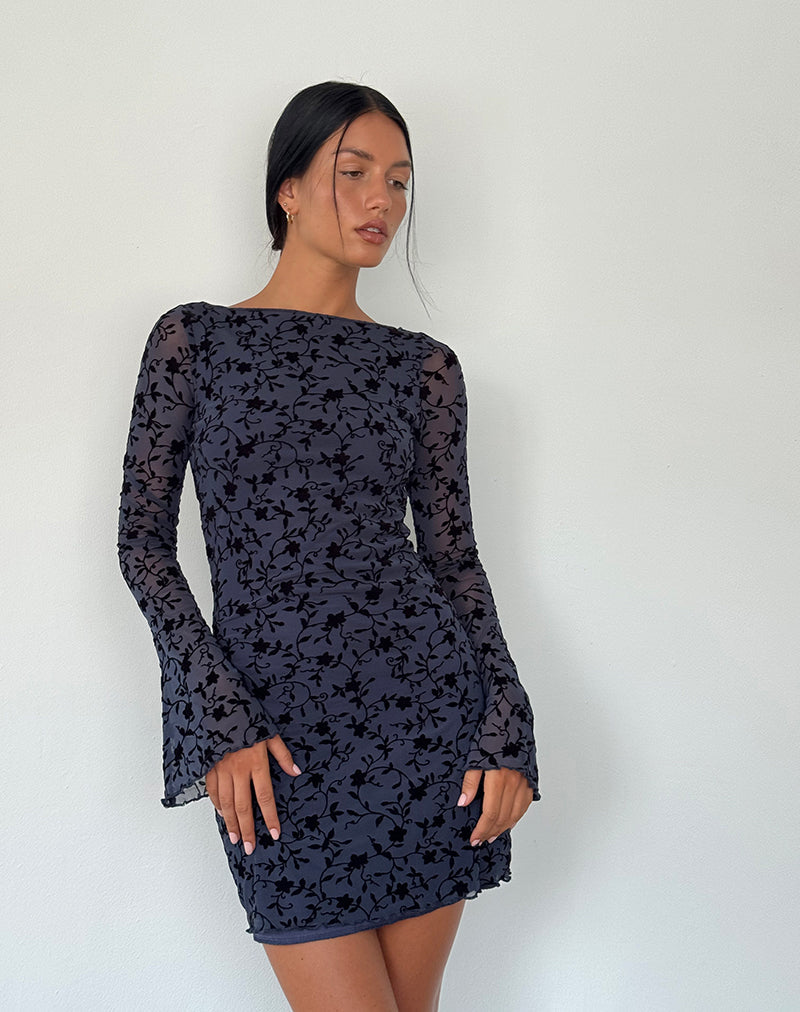 Sevila Long Sleeve Mini Dress in Flocked Petal Navy Sevila Long Sleeve Mini Dress in Flocked Petal Navy