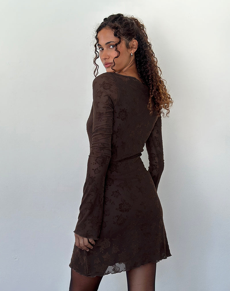 Sevila Long Sleeve Mini Dress in Romantic Rose Flock Brown Sevila Long Sleeve Mini Dress in Romantic Rose Flock Brown