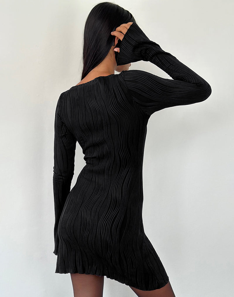 Sevila Long Sleeve Mini Dress in Crinkle Black , Bodycon Sevila Long Sleeve Mini Dress in Crinkle Black , Bodycon