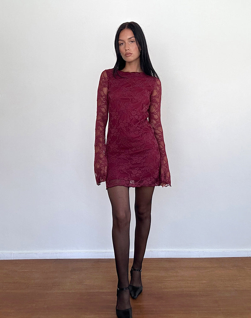 Sevila Long Sleeve Mini Dress Lace Burgundy Sevila Long Sleeve Mini Dress Lace Burgundy
