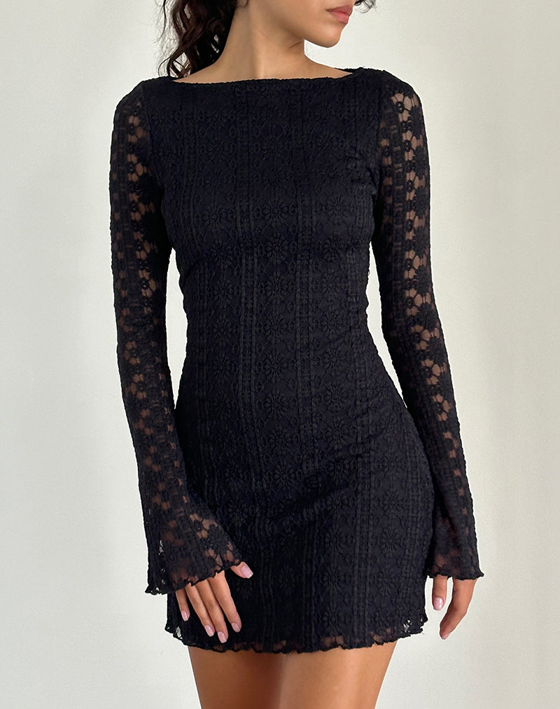 Black Regal Lace Long Sleeve Mini Dress | Sevila  motelrocks-com-us