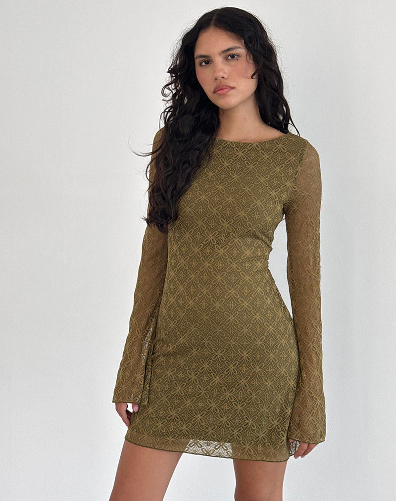 Sevila Long Sleeve Mini Dress in Textured Moss Green Sevila Long Sleeve Mini Dress in Textured Moss Green