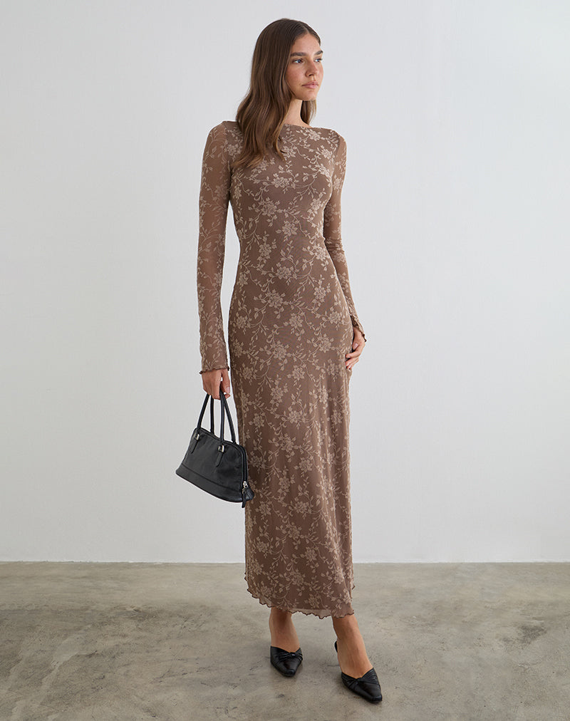 Shaleed Maxi Dress in Leafy Flock Dark Taupe , Bodycon