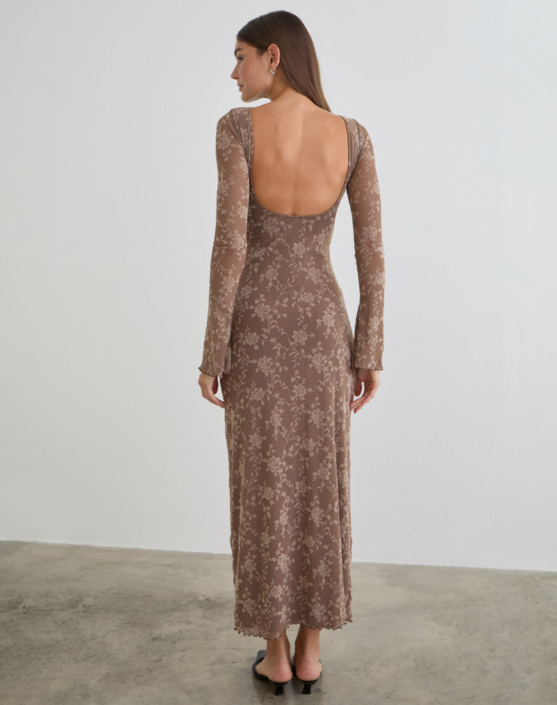 Shaleed Maxi Dress in Leafy Flock Dark Taupe , Bodycon Shaleed Maxi Dress in Leafy Flock Dark Taupe , Bodycon