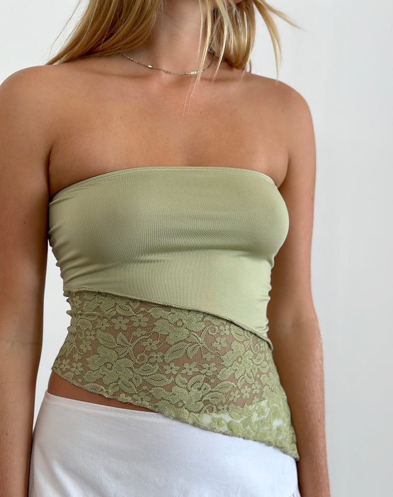 Shanda Lace Tube Top in Sage , Sheer , Asymmetric Shanda Lace Tube Top in Sage , Sheer , Asymmetric