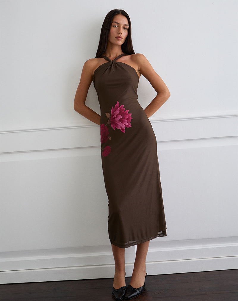 Silvra Halterneck Midi Dress in Brown with Pink Flower Print , Halter Neck