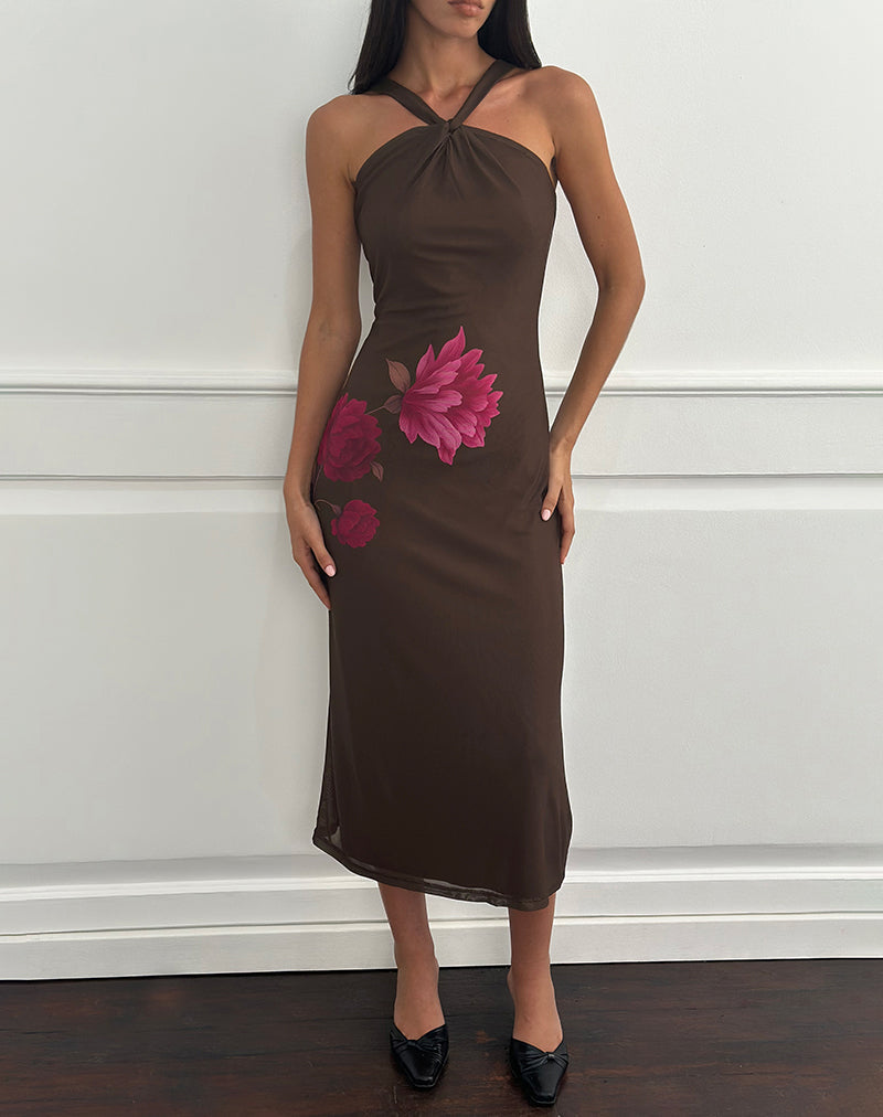 pink and brown dress with Flower Mesh Halterneck Midi Maxi dresses Pintuck pleats Black Givenchy dress of Blue Formal Dresses Color:Milk