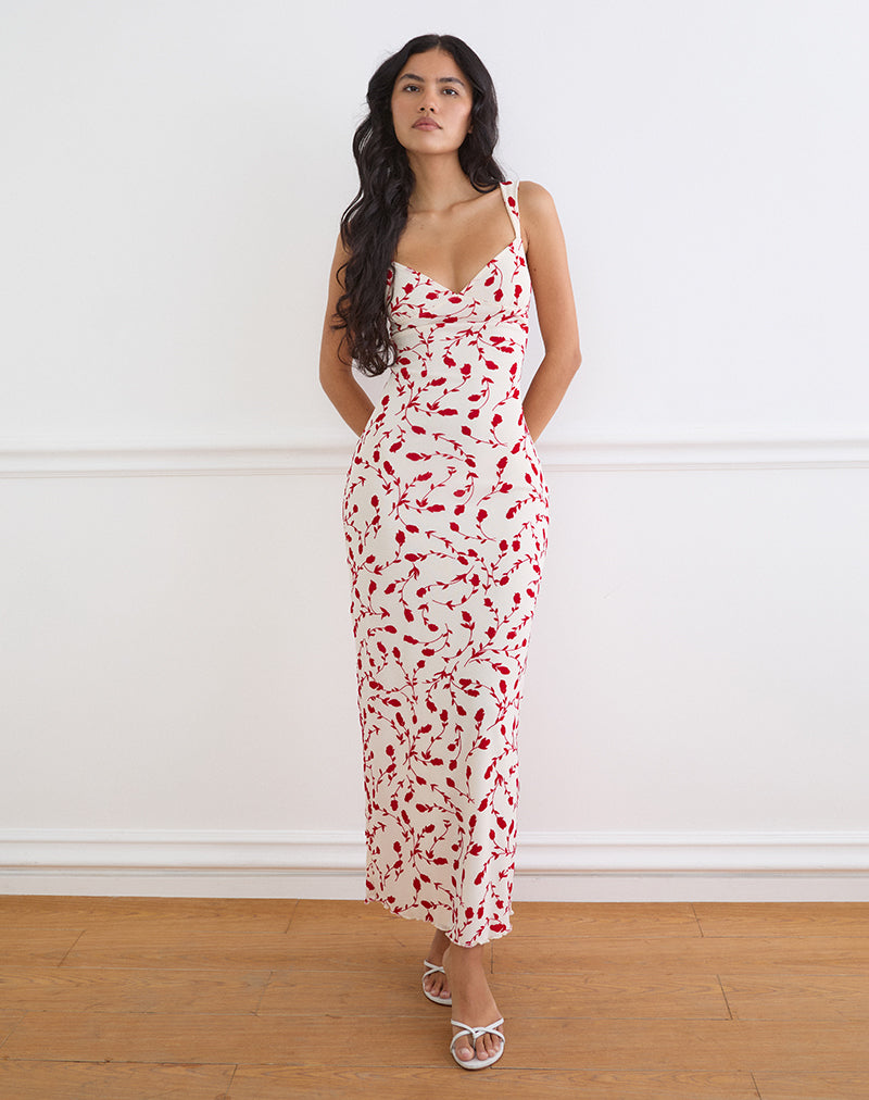 Sitiya Maxi Dress in Cream with Red Leafy Lily Flock , Bodycon , V Neck