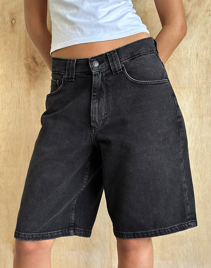 Washed Black Grey Longline Denim Shorts | Skater – motelrocks-com-us