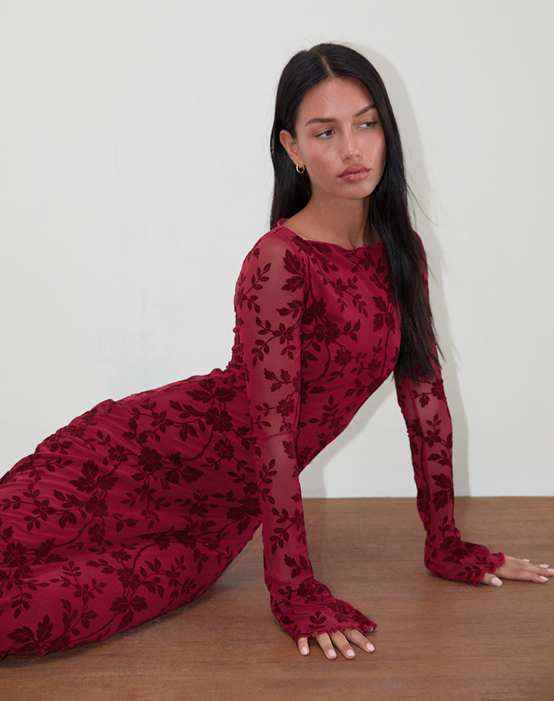 Cherry Red Vine Floral Flock Long Sleeve Maxi Dress Slokya