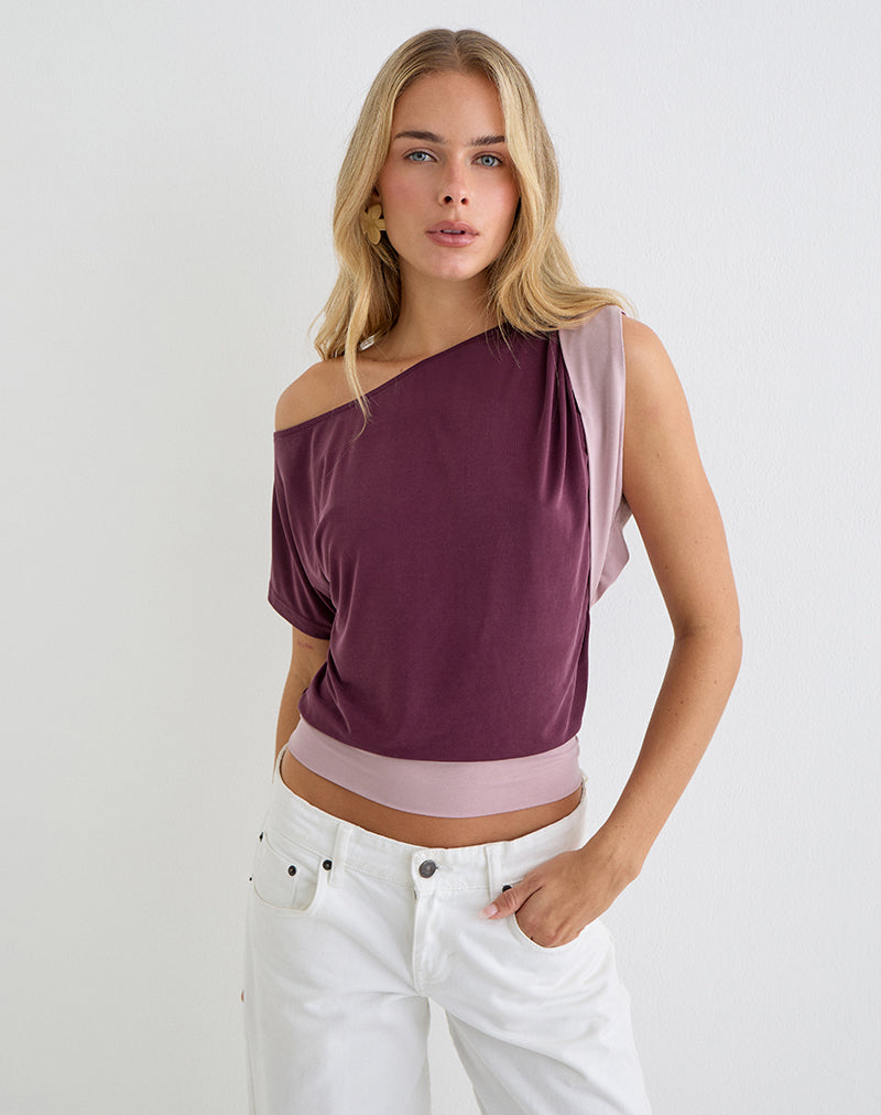Deep Purple and Dusty Pink Cupro Contrast One Shoulder Batwing Top