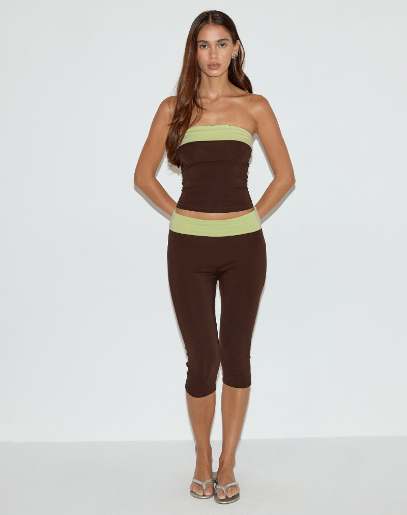Brown with Green Binding Fold-over Waist Capri Trousers | Vivah