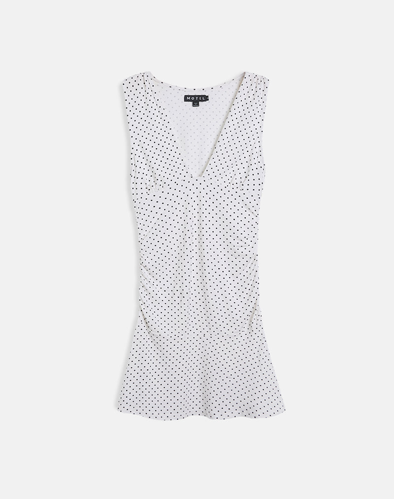 luscian plunge mini dress in micro polka navy Luscian Plunge Mini Dress in White with Micro Polka Black , V Neck