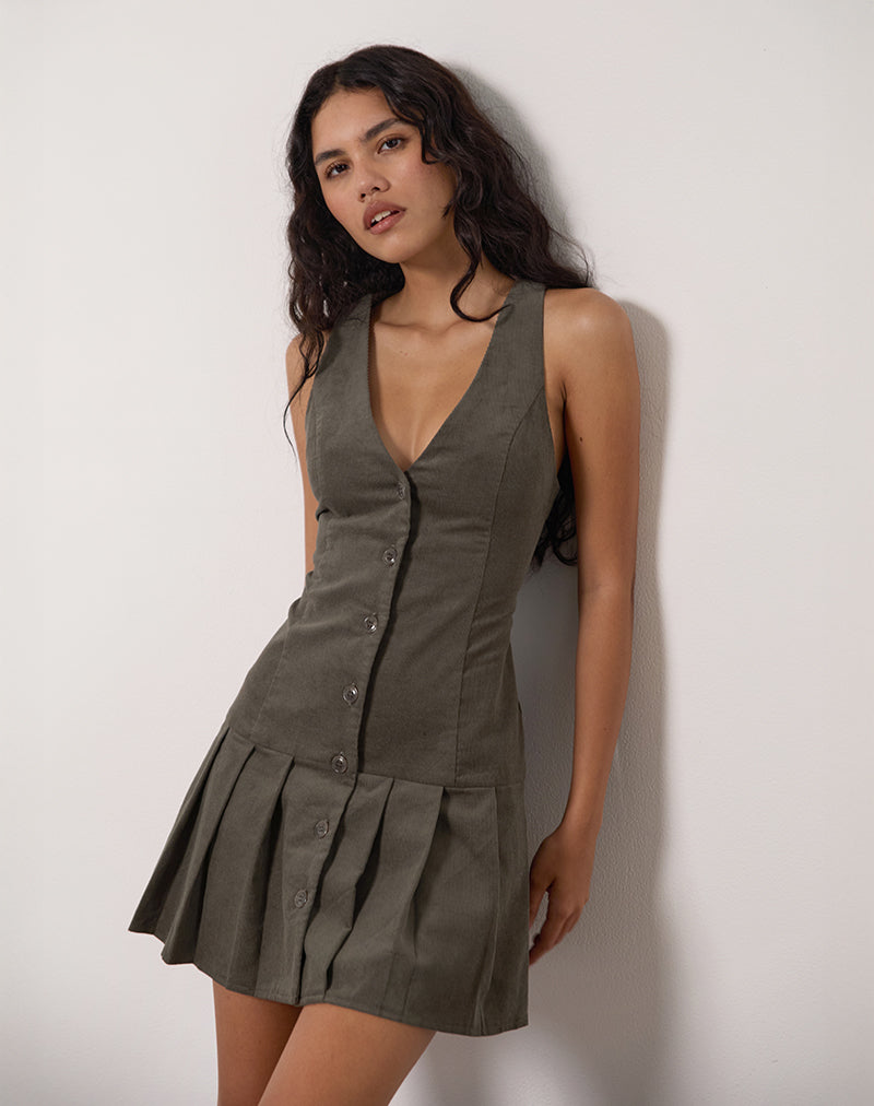 cowhide print dress Starrin Button Mini Dress in Cord Brown , Pleated , V Neck