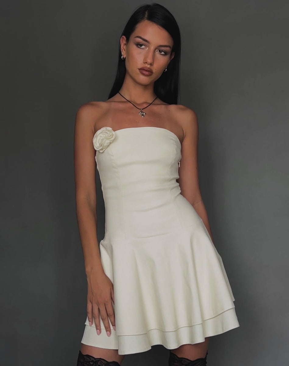 Cream Mini Dress with Rosette and Lace Back