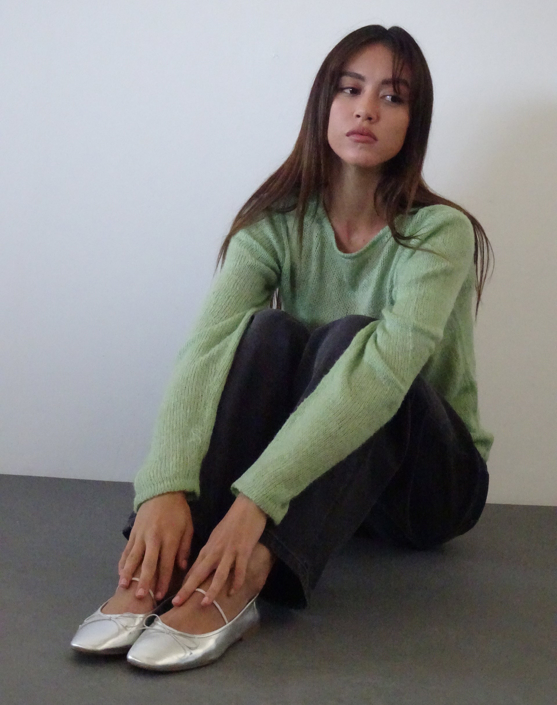 Image of Sukana Long Sleeve Sheer-Knit Top in Light Green