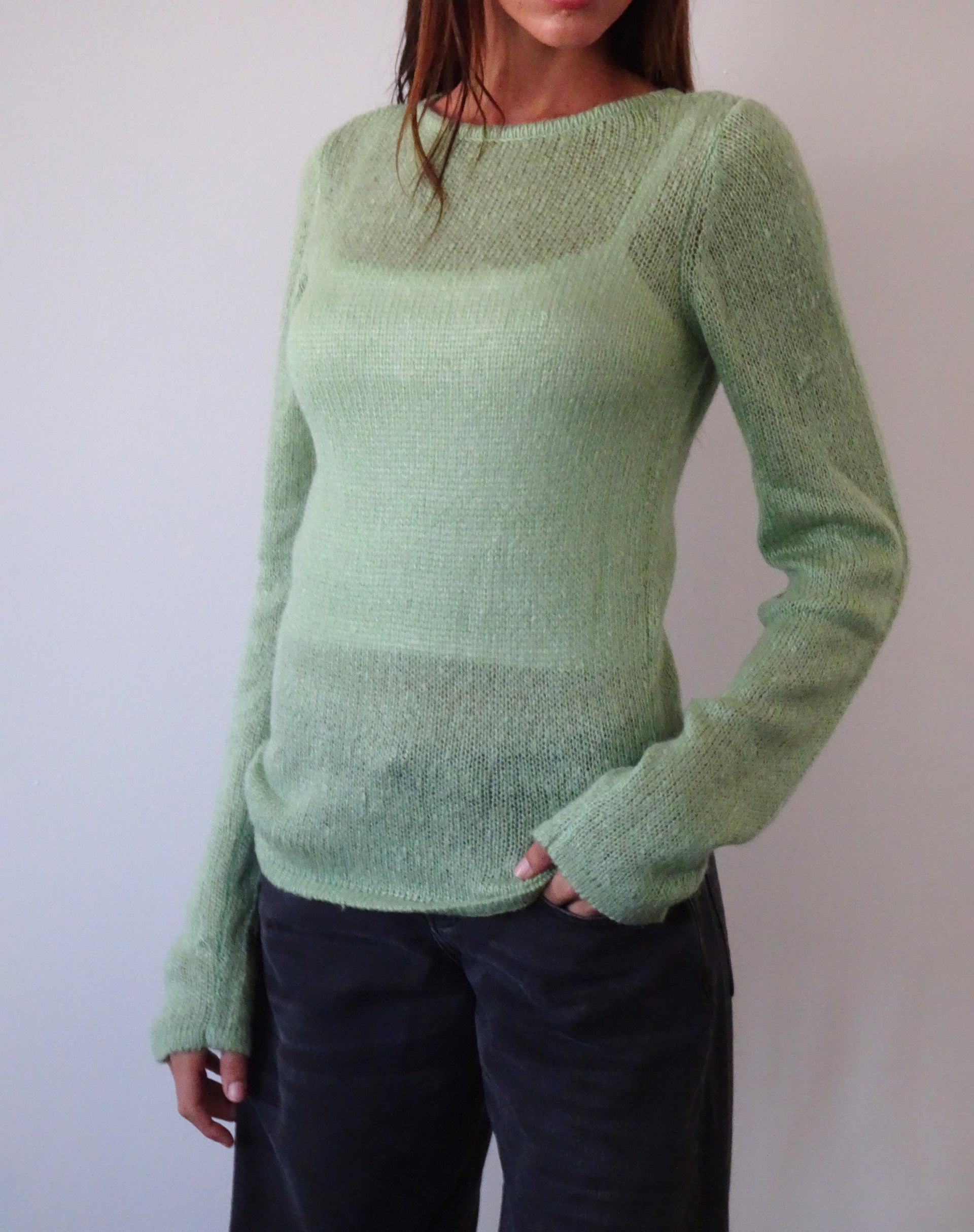 Image of Sukana Long Sleeve Sheer-Knit Top in Light Green