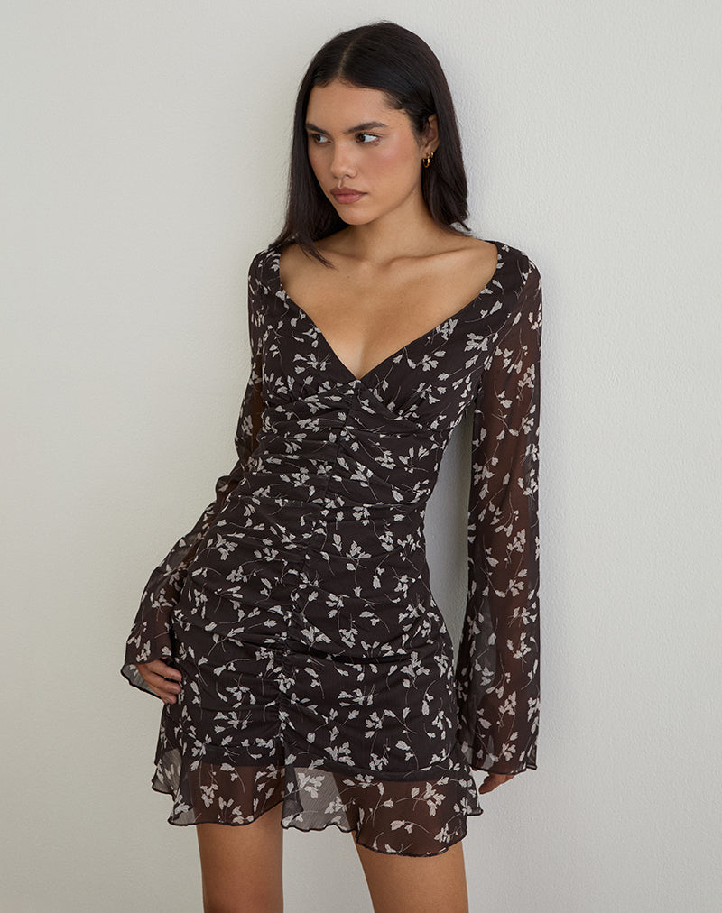 Sumiko Mini Dress in Flower Chiffon Brown, S Sumiko Mini Dress in Flower Chiffon Brown, S