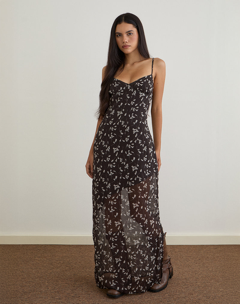 chiffon flower print dress Sunita Maxi in Brown high slits on both Size:EU 39 Womens Matching Family Long Size Chart: Shoes