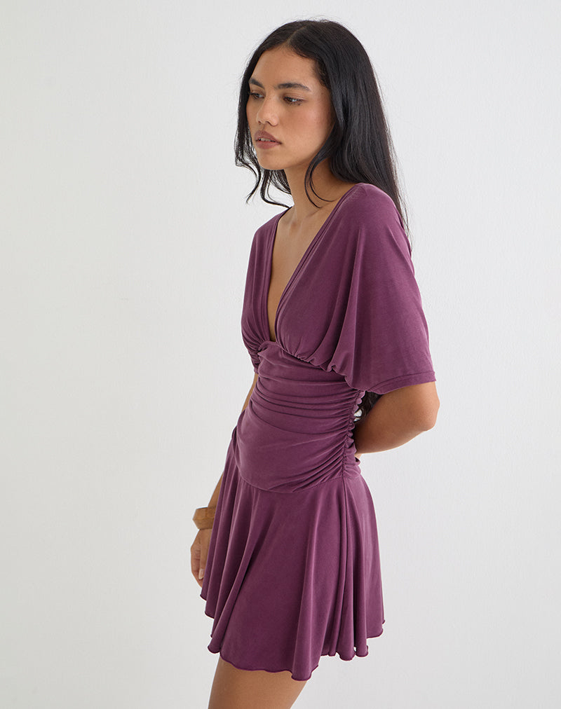 Deep Purple Cupro Plunge Dolman Mini Dress