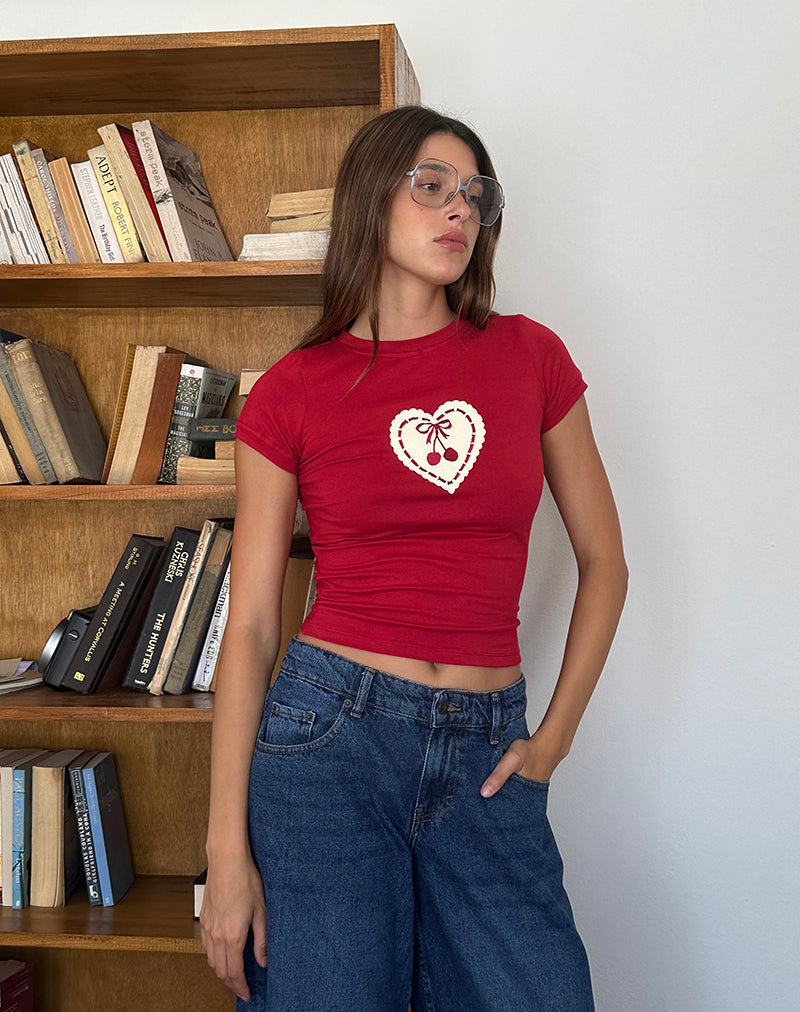 Adrenaline Red Baby Tee with Embroidered Cherry Heart