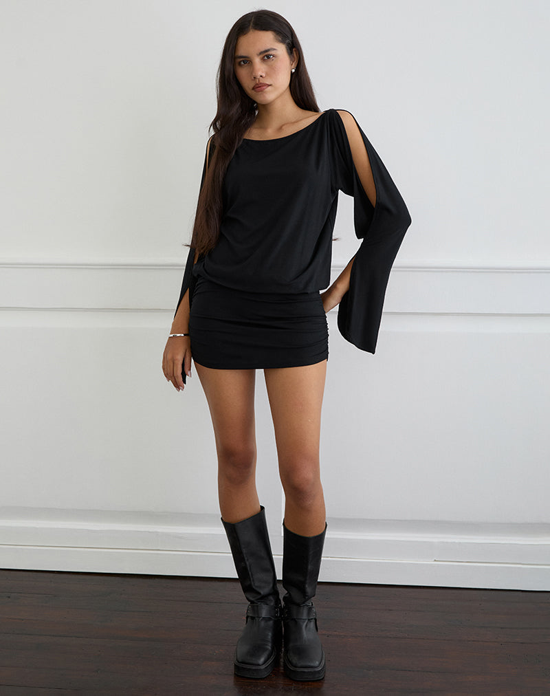 Sybe Cut Batwing Sleeve Mini Dress in Black , Long Sleeve Sybe Cut Batwing Sleeve Mini Dress in Black , Long Sleeve