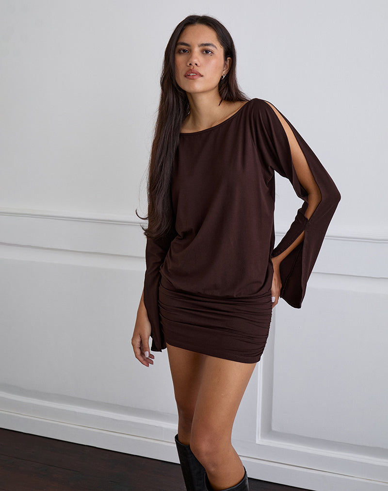 Sybe Long Sleeve Mini Dress in Bitter Chocolate Sybe Long Sleeve Mini Dress in Bitter Chocolate
