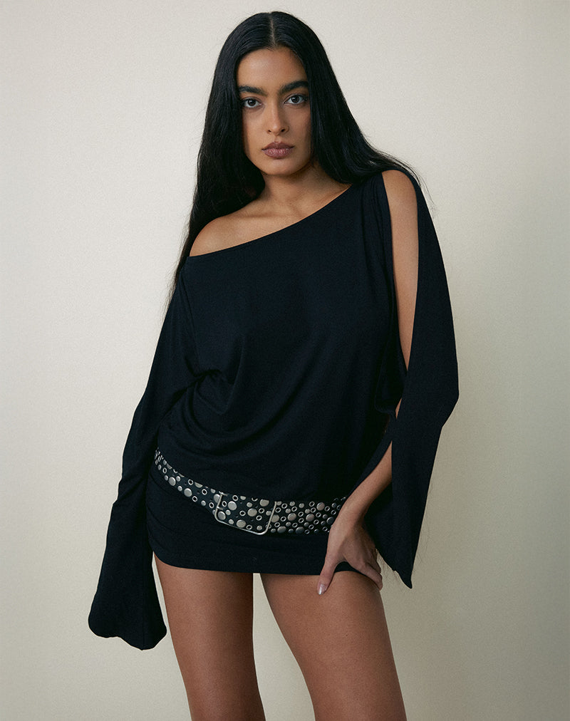 Sybe Cut Batwing Sleeve Mini Dress in Black , Long Sleeve Sybe Cut Batwing Sleeve Mini Dress in Black , Long Sleeve