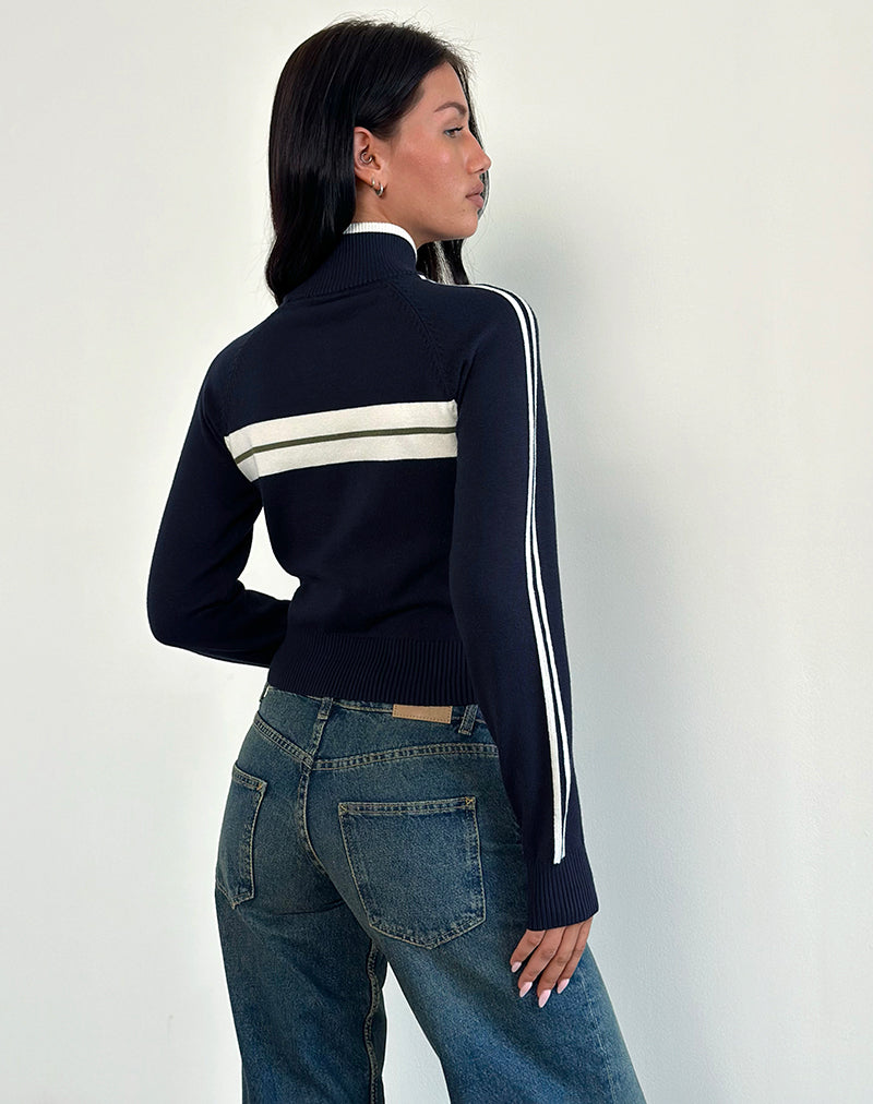 Takiya Zip Through Jacket in Deep Navy with 92 Design