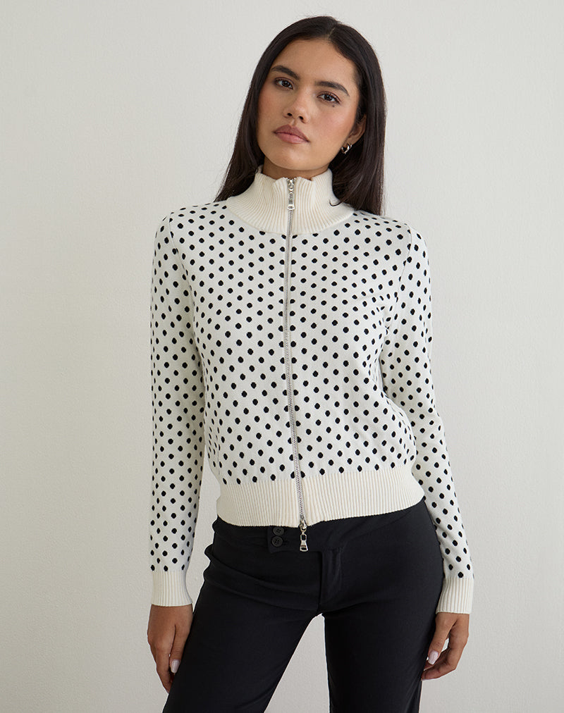 Ivory Polka Dot Zip Through Knit Jacket | Talisa – motelrocks-com-us