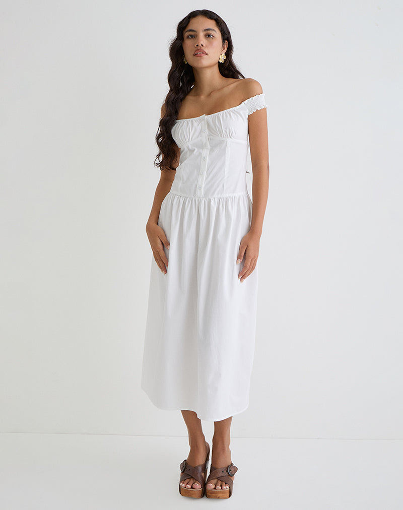 White Off the Shoulder Corset Maxi Dress | Tamashi – motelrocks-com-us