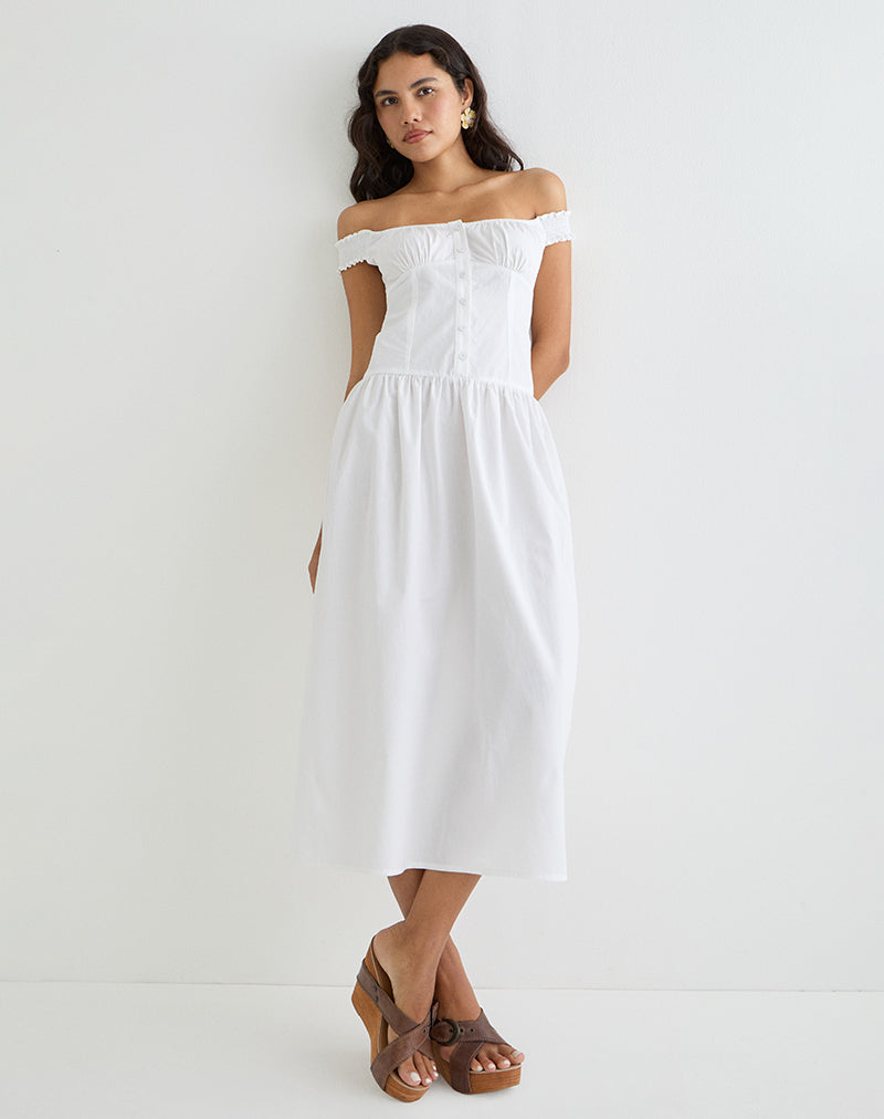White Off the Shoulder Corset Maxi Dress