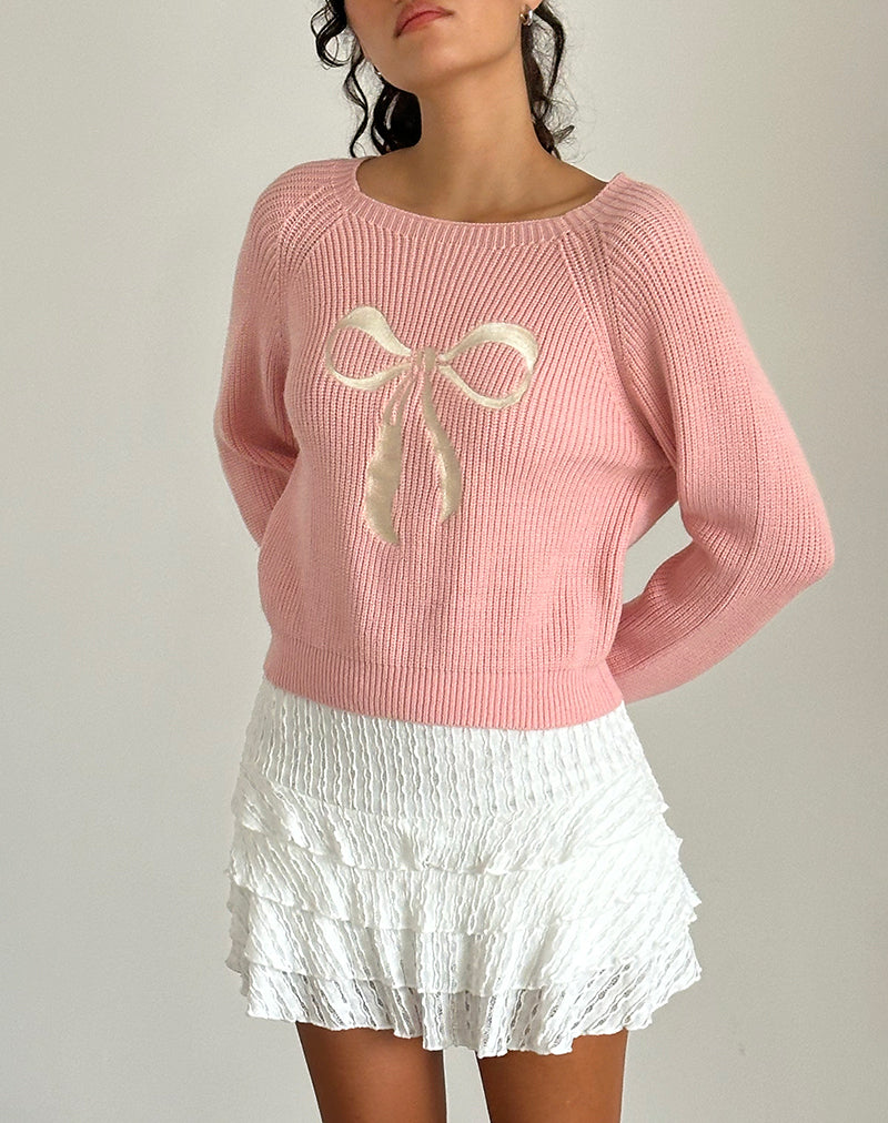 【BAON】Hootie Ribbon String Crop Wind Jumper Pink and White Bow Embriodered Knit Jumper | Tami