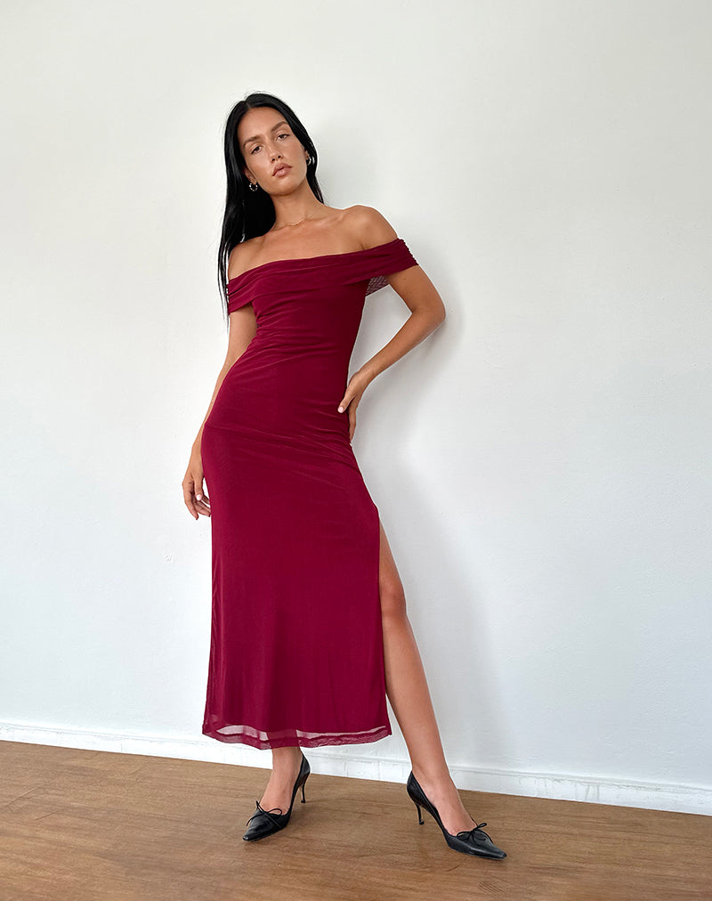 Women's Tarna Bardot Maxi Dress in Mesh Burgundy, XXL Women's Tarna Bardot Maxi Dress in Mesh Burgundy, XXL