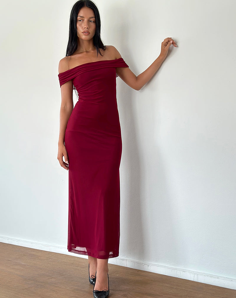Women's Tarna Bardot Maxi Dress in Mesh Burgundy, XXL Women's Tarna Bardot Maxi Dress in Mesh Burgundy, XXL