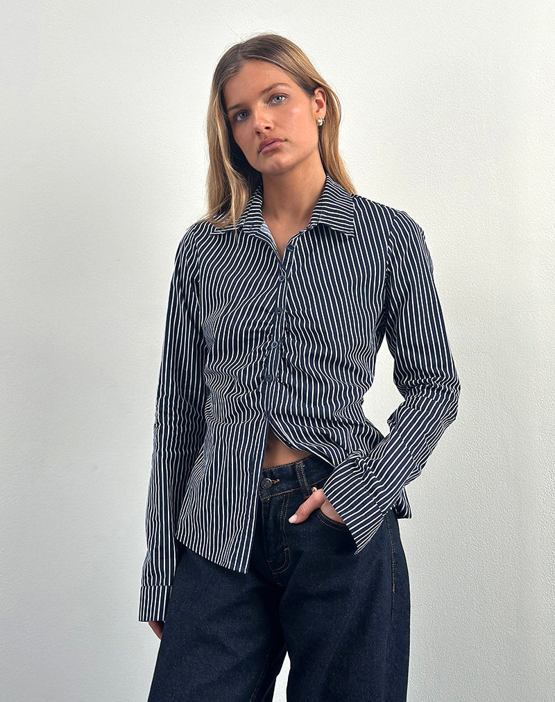 fitted lace wedding dress Navy Blue Mono Stripe Shirt