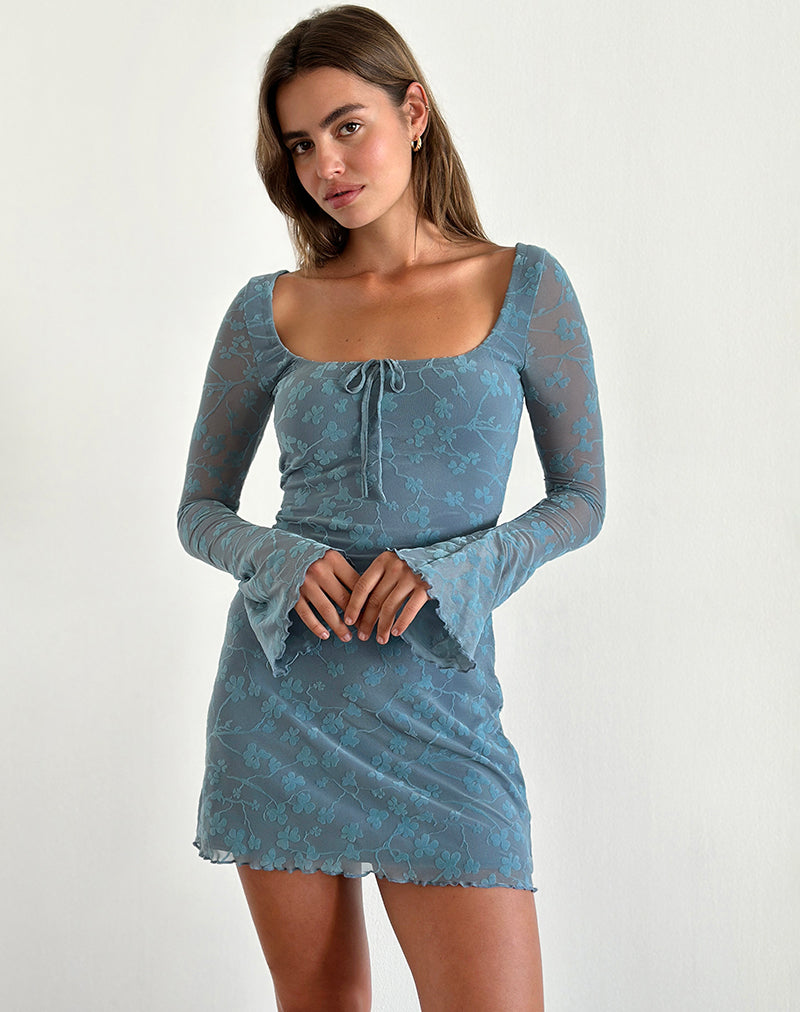 Tatyana Mini Dress in Grunge Floral Blue Grey , Bodycon , Scoop Neckline