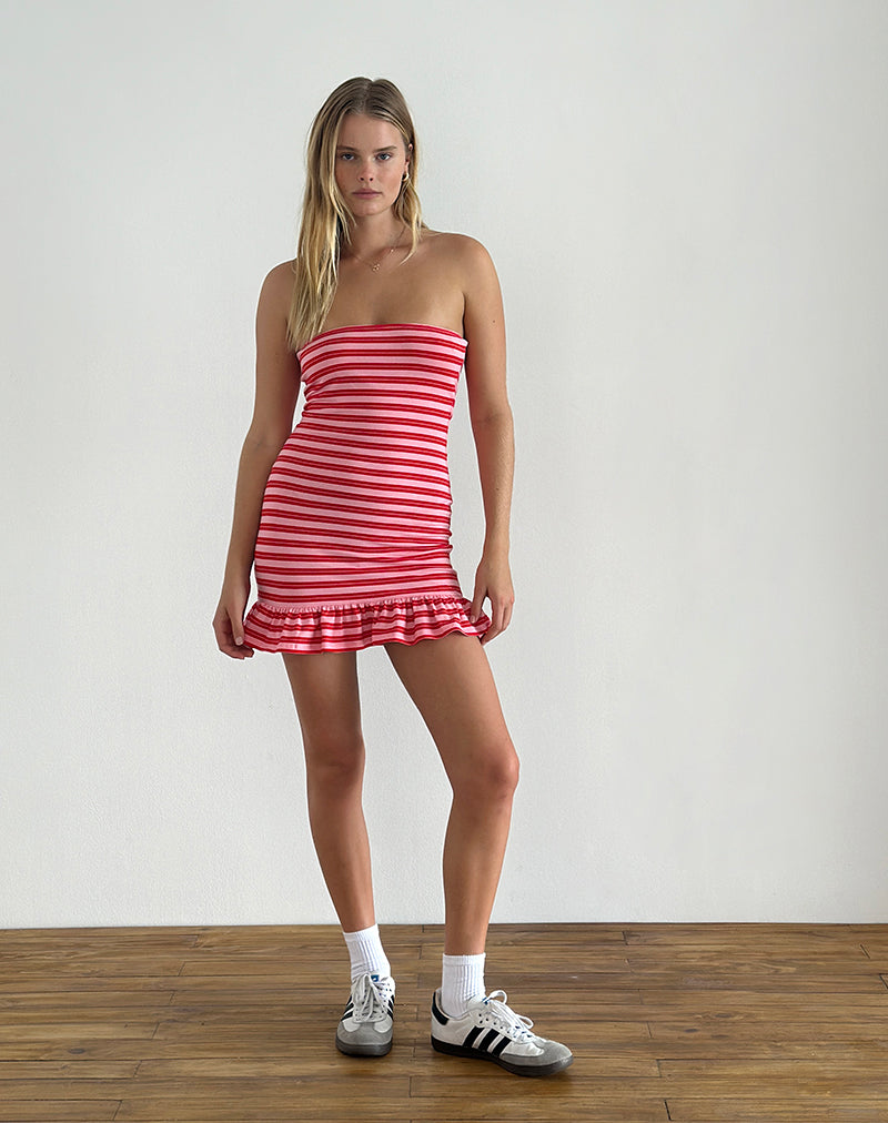 Tav Mini Jersey Dress in Stripe Pink and Red , Frill Tav Mini Jersey Dress in Stripe Pink and Red , Frill