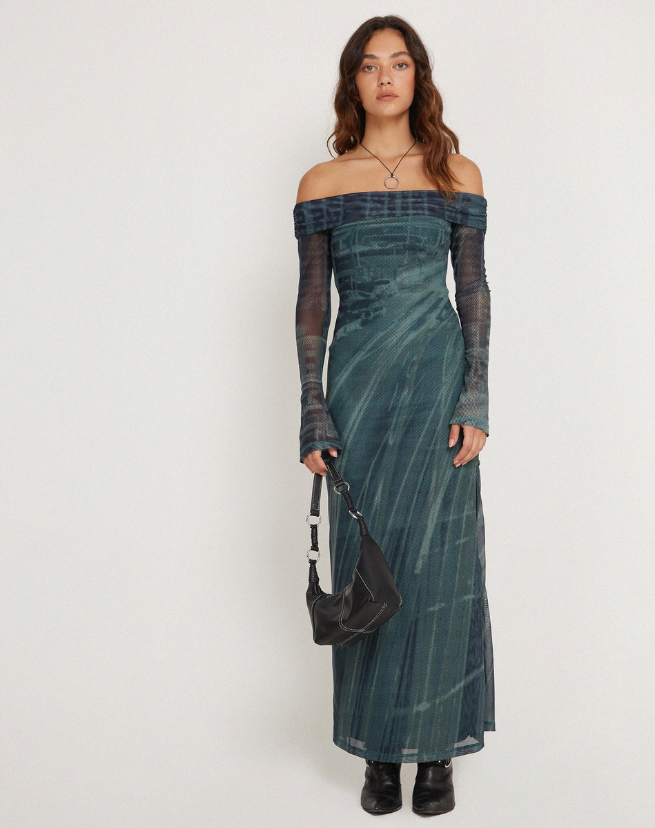 Terra Bardot Midi Dress in Cityscape Green , Long Sleeve