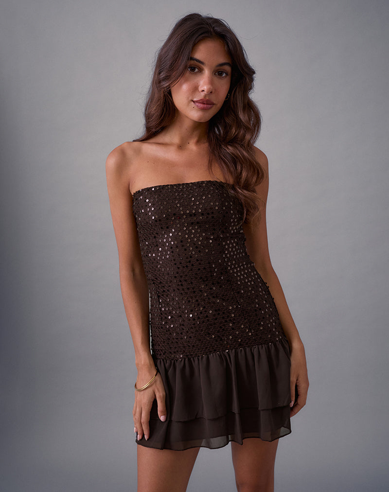 Tinosa Corset Dress in Ruffle Sequin Brown Tinosa Corset Dress in Ruffle Sequin Brown
