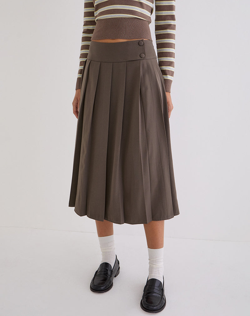 Truffle Brown Pleated Midi Skirt | Tisrah – motelrocks-com-us