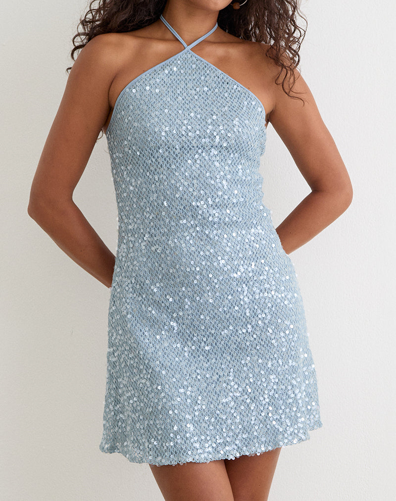 blue sequin knit mini dress Urlanda Dress in Seafoam Sequin Knit Blue , Halter Neck , Bodycon