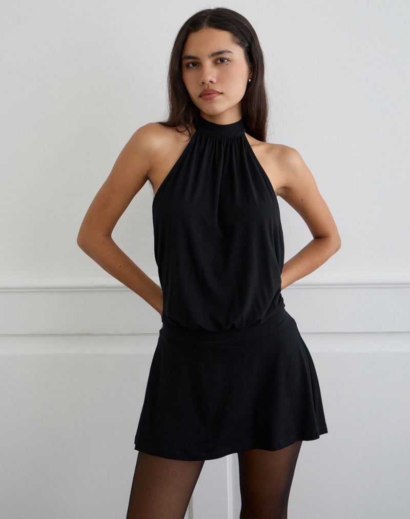 Vaklina Mini Dress in Rayon Jersey Black , Halter Neck Vaklina Mini Dress in Rayon Jersey Black , Halter Neck