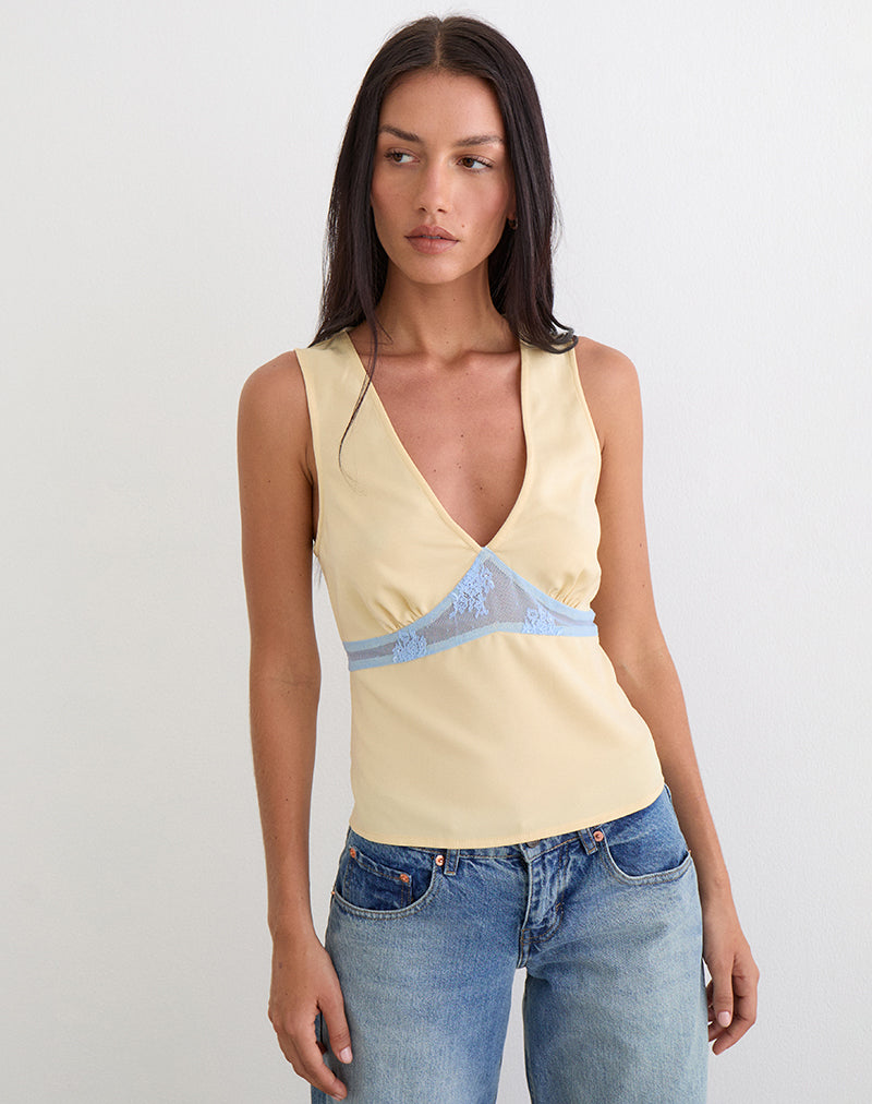 Lemon Yellow Satin Lace Insert Top | Valeska – motelrocks-com-us
