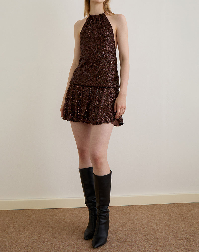 Veloria Mini Dress in Drape Sequin Brown , Halter Neck Veloria Mini Dress in Drape Sequin Brown , Halter Neck
