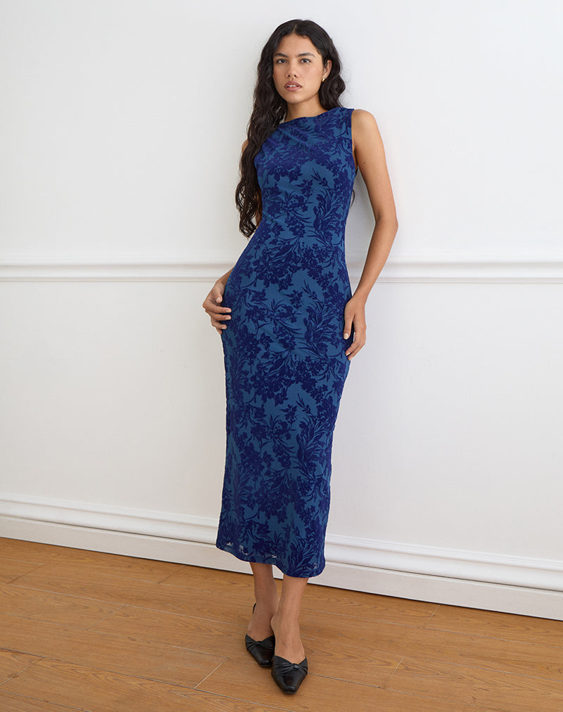 Navy Midnight Leaf Flock Maxi Dress | Ventura – motelrocks-com-us
