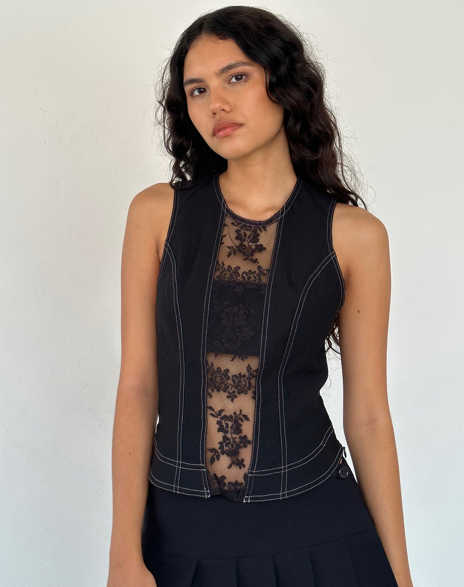 Verbena Lace Panel Top in Black Tailoring